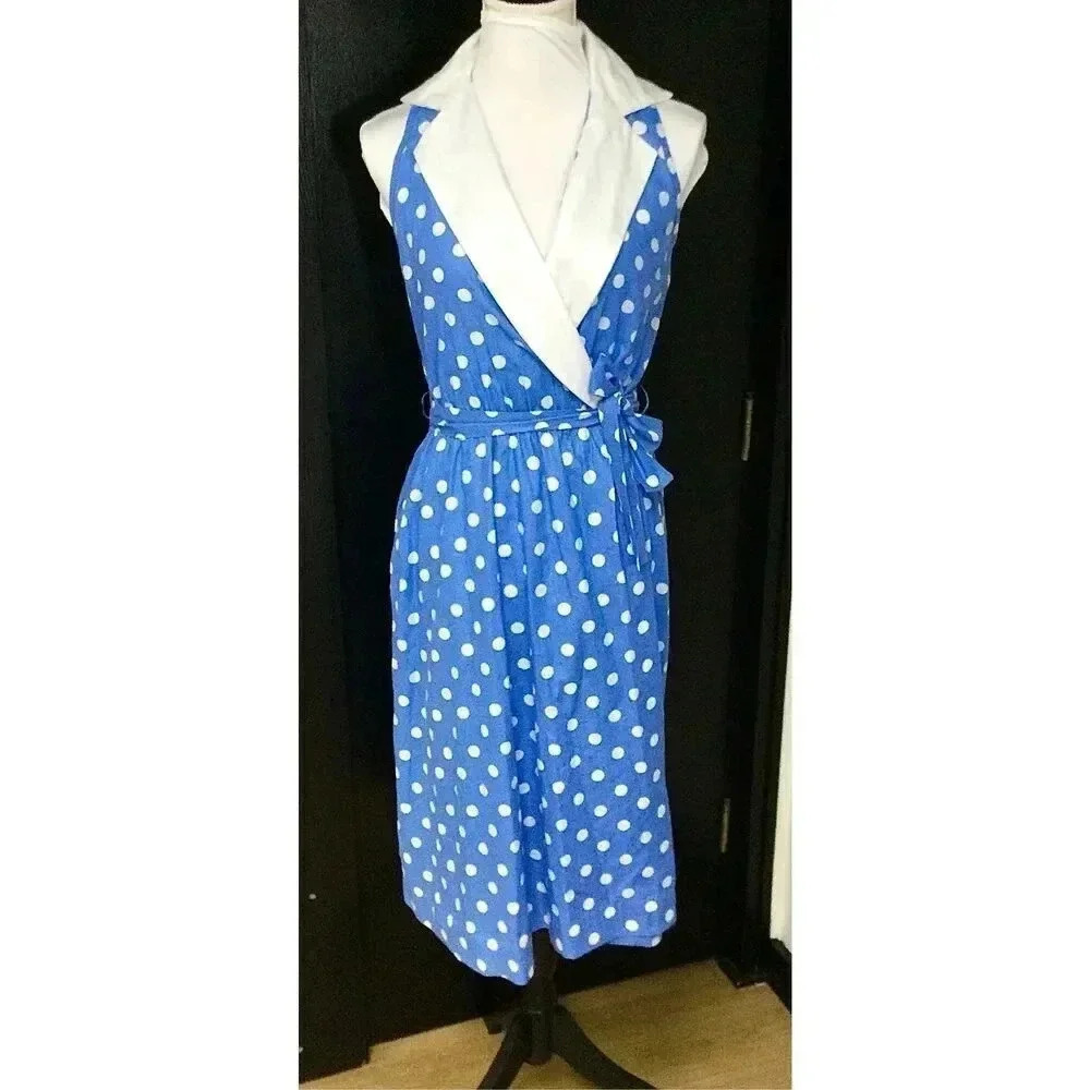 Vintage Komar Womens Blue White Polka Dot Sleeveless Tie Waist Wrap Dress Large